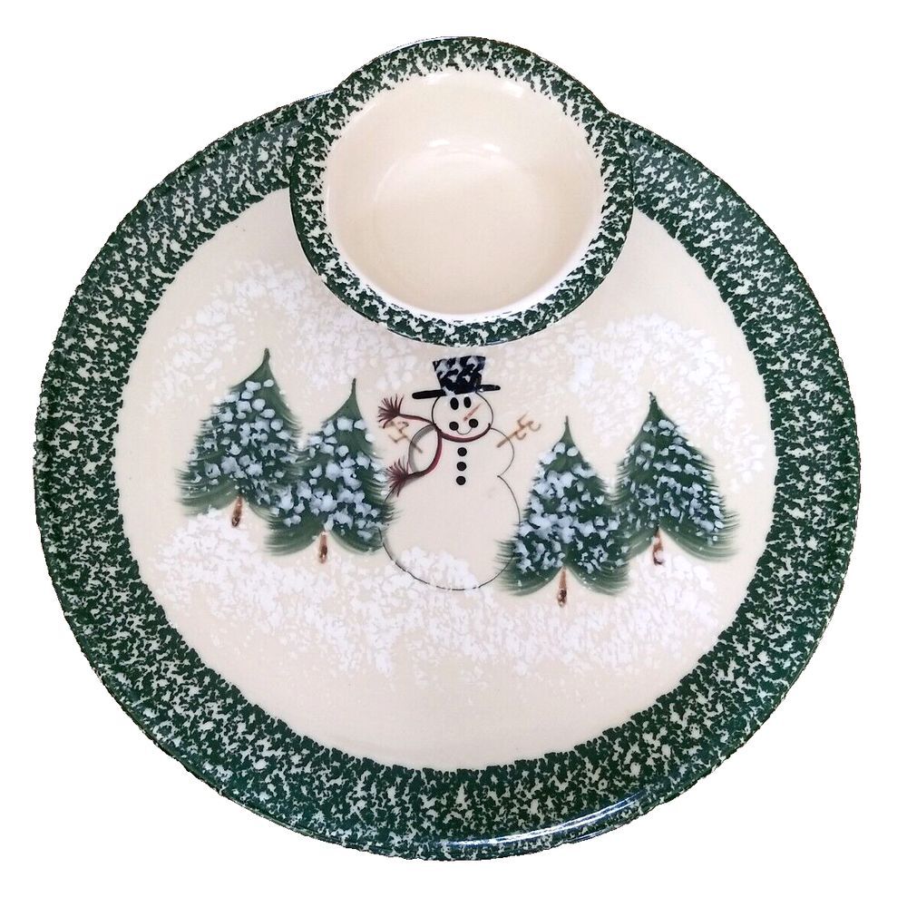 NEW Snowman Ceramic Chip &‎ Dip Bowl Hand Painted Holiday Party Crudité Tray